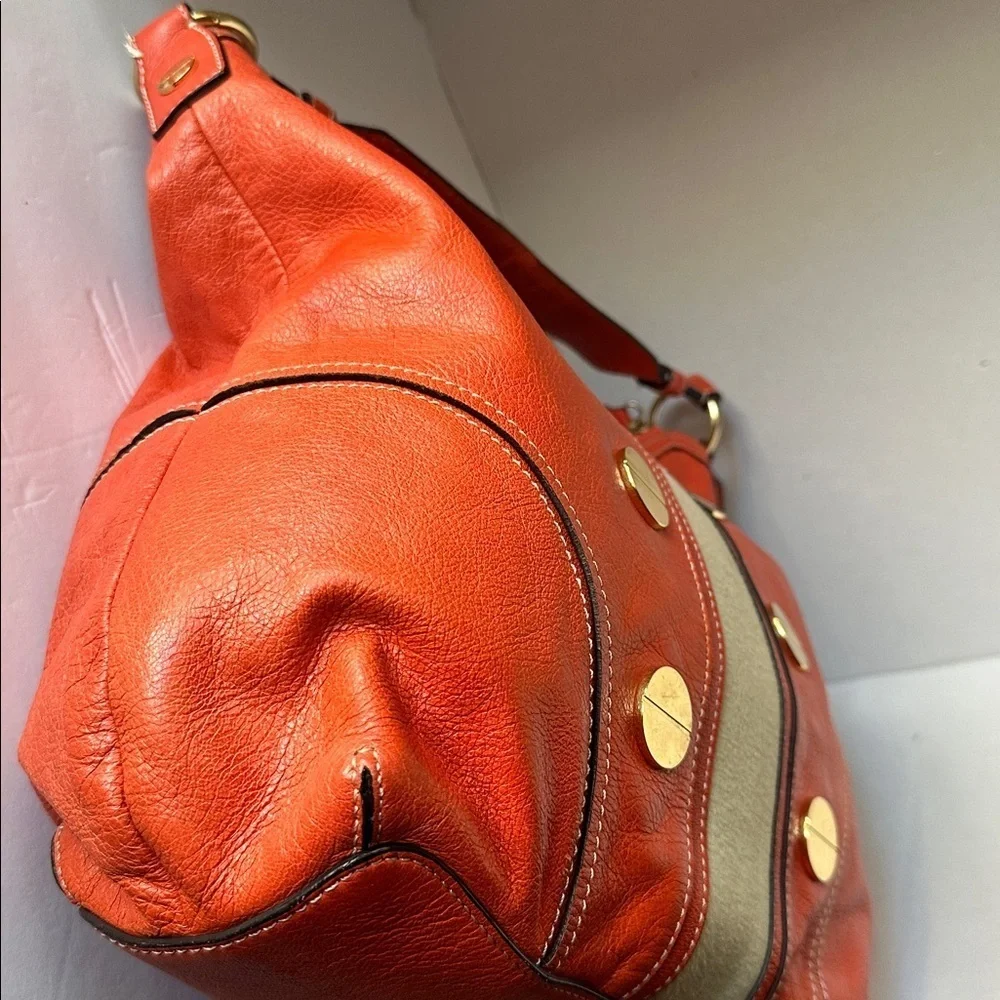 🔥 Milly Orange Coral Leather Carryall Hobo Shoulder Bag Gold Studs Suede Accent